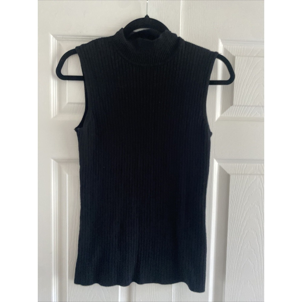 Madison Grey Ribbed Mock Neck Sleeveless Sweater Womens Size M Black Knit Shell‎